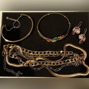 Lot of one 3-strand gold tone 18”+ necklace, two bracelets, one pair earrings